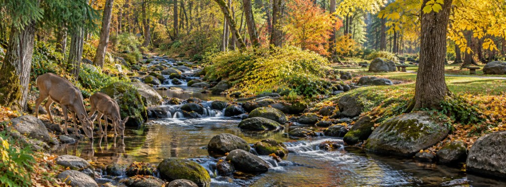 Two deer drinking from a rocky autumn stream in an Ashland park, with golden foliage and a sunlit lawn beyond