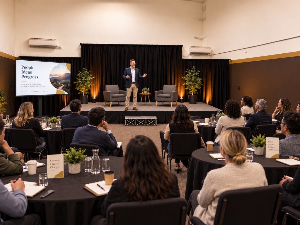A local business leader speaking to an engaged audience at a community workshop